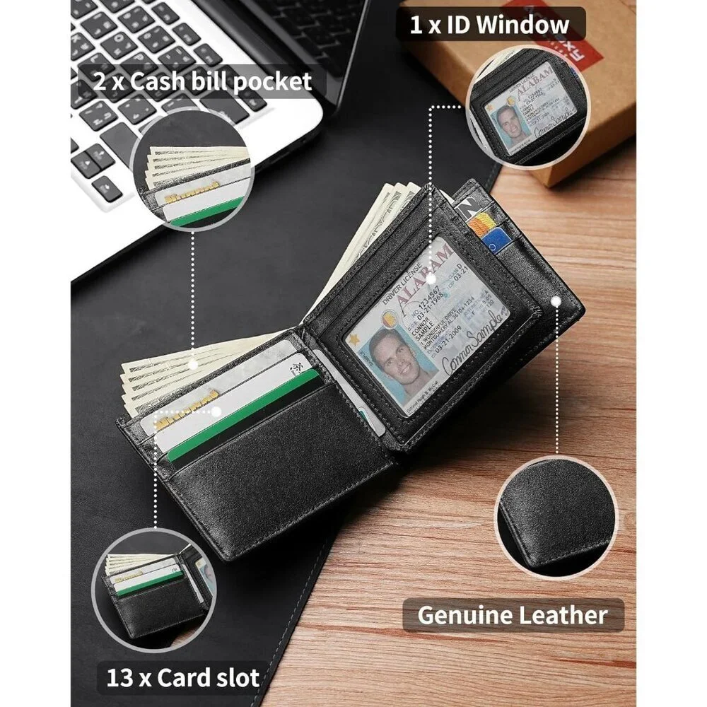 Men's Classic Holders Bifold Wallet Card Black Genuine Leather 2 Cash Pockets